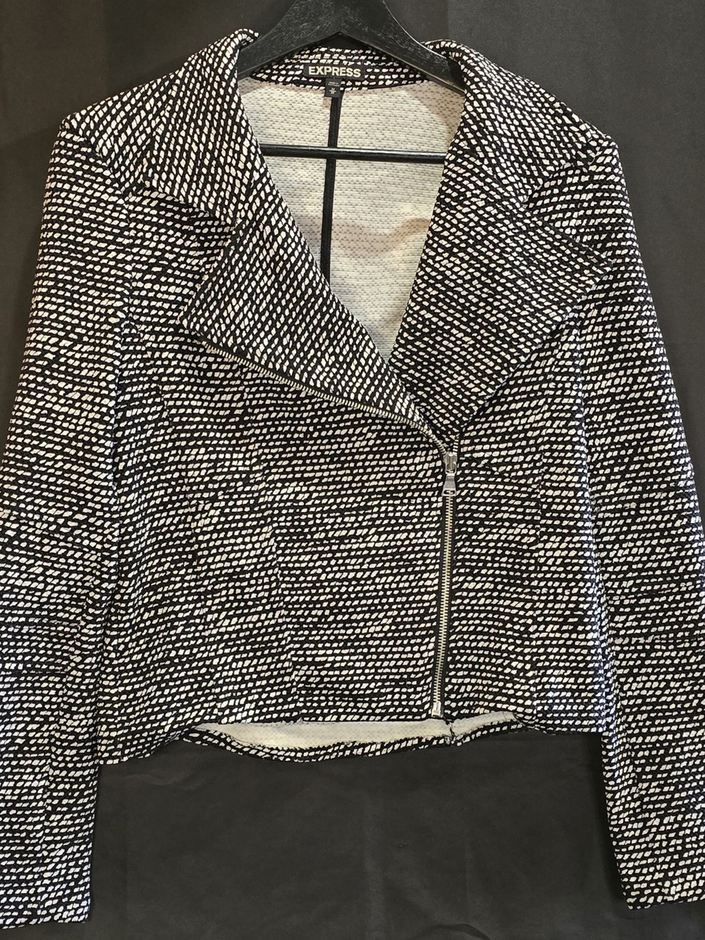 Express Black White Speckled Tweed Asymmetric Moto Zip Jacket